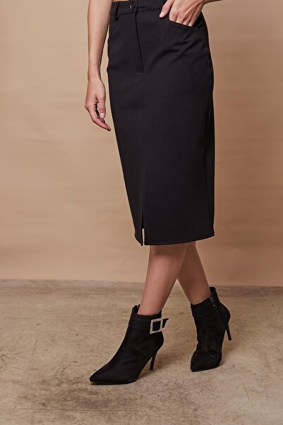 Jument Fusta creion pentru femei cu talie înaltă și buzunare din Lycra Stamp - neagră