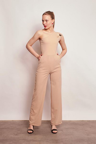 Jument Tesatura creponata din Lycra Accesoriu pe un umar Buzunar lateral Rochie de seara cu picioare late Salopeta de logodna Office - bej