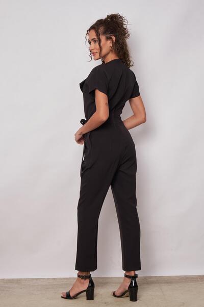 Jument Shawl Collar Off-Shoulder Lace-Up Ankle Length Jumpsuit -Black