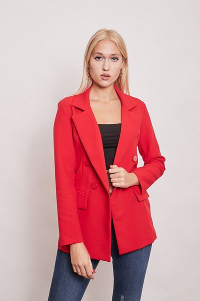 Jument Women's Button Detailed Long Sleeve Stylish Office Ornament Pocket Flap Fabric Blazer Jacket - red
