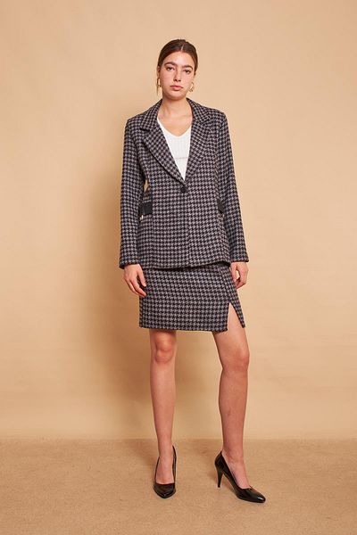 Jument Lined Thick Tweed Fabric High Waist Slit Below Knee Pencil Skirt - Anthracite Houndstooth