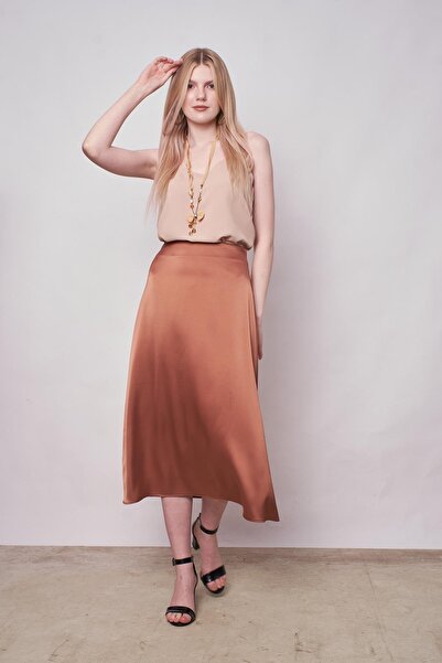 Jument Fustă clopot cu talie înaltă din țesătură din satin fără lycra - camel