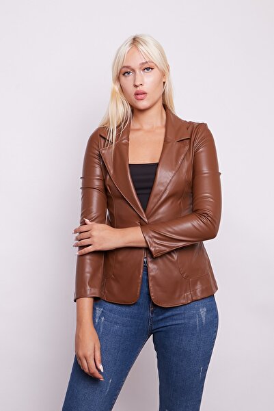 Jument Ecological Faux Leather Collar Long Sleeve Pocketed Blazer Jacket-Tan