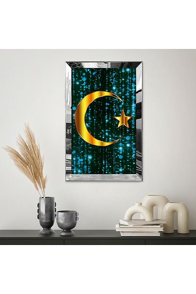 Zevahir Mobilya Dekorasyon Imagine cu sclipici albastră Moon Star Single MDF cu cadru din plexiglas cu oglindă argintie