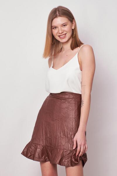 Jument Дамска кожена пола с висока талия Kraş с волан и подплата (дължина: 50 см +-2 см) - кафява