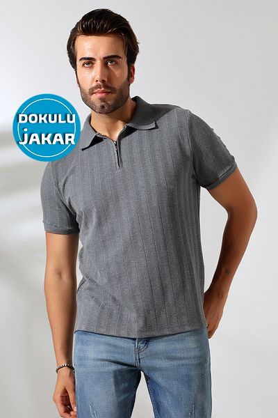 GW Ανδρικό μπλουζάκι Polo με φερμουάρ σε γκρι απαλή υφή - Grande Regular Fit