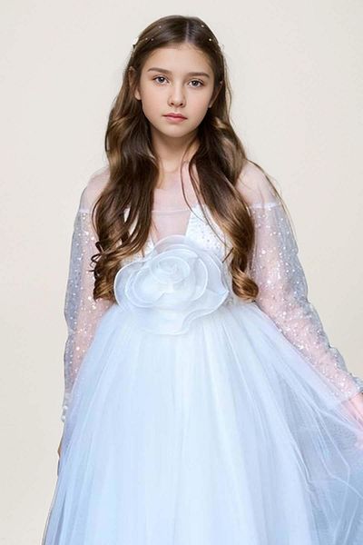 Riccotarz Rochie de Seara Alba - Fata, Brodata cu Paiete, Maneci Transparente din Tulle si Detaliu Catarama