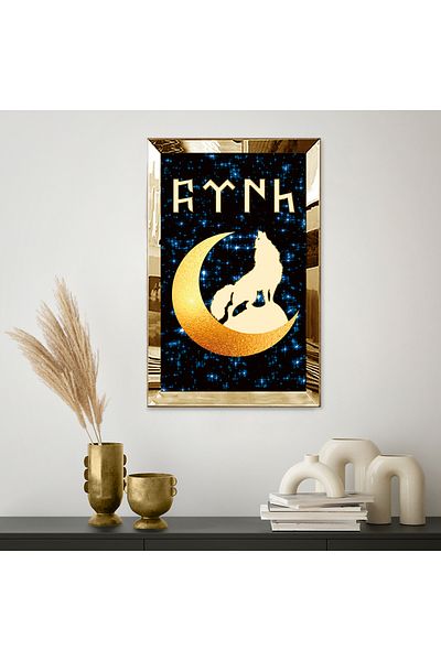 Zevahir Mobilya Dekorasyon Χρυσό Καθρεπτισμένο Πλεξιγκλάς Κορνίζα Μπλε Λάμψη Εικόνα Λύκος Μονό MDF Πίνακας