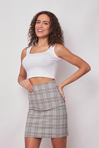 Jument Women's Light Lycra Patterned Fabric High Waist Plaid Lightweight Mini Pencil Skirt-Grey Plaid