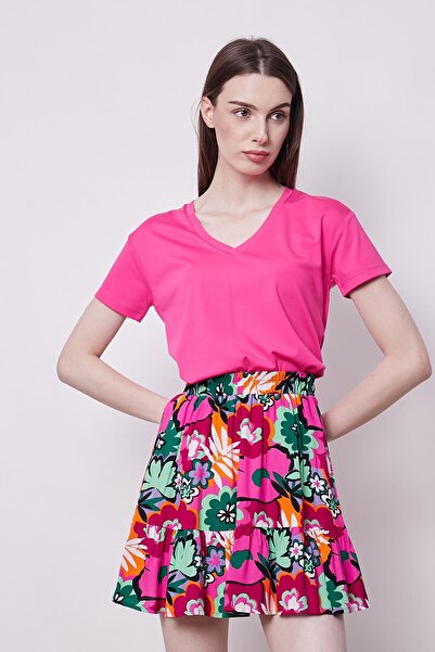 Jument Fustă mini de damă cu talie înaltă și cu modele de voile - Magenta Floral