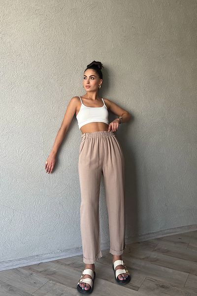 Seda Yalçın Atelier Μπεζ λινό παντελόνι με λεπτομέρεια στη μέση