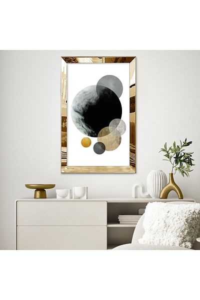 Zevahir Mobilya Dekorasyon Abstract Concept Circle Μονό MDF Πίνακας με χρυσό καθρέφτη από πλεξιγκλάς κορνίζα και λευκό φόντο