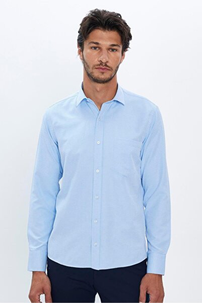 Tudors Erkek Regular Fit Klasik Kesim Pamuklu Tek Cepli Armürlü Mavi Gömlek