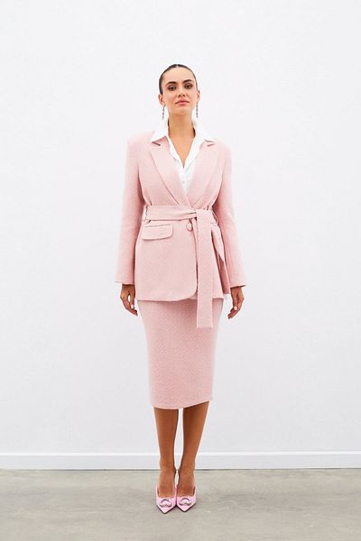 Sateen Midi Length Tweed Skirt - Pudra
