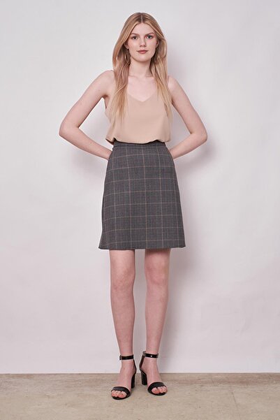 Jument Yüksek Bel Hafif Likralı Kumaş Diz Boy Çan Etek-Antrasit Ekose