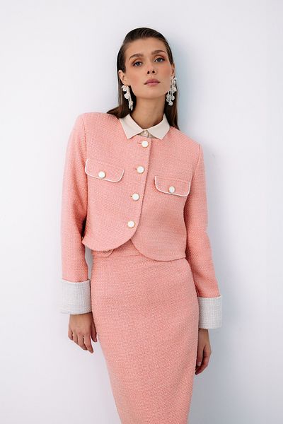 Sateen Jachetă scurtă din tweed cu contrast de culoare PUDRA