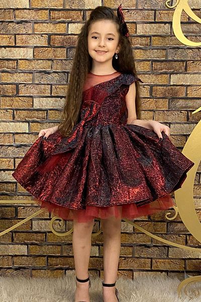 Riccotarz Girl's Mix Color Tulle Detailed Burgundy Evening Dress with Waist Tie
