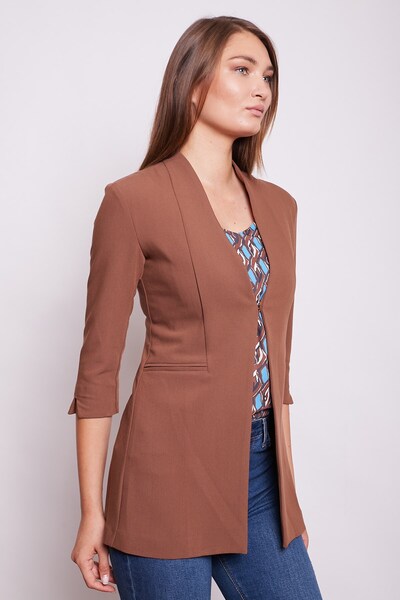 Jument Hakim Yaka Flato Pocketed Sleeve Slit Long Blazer Cotton Stretch Fabric Fabric Jacket - Tan