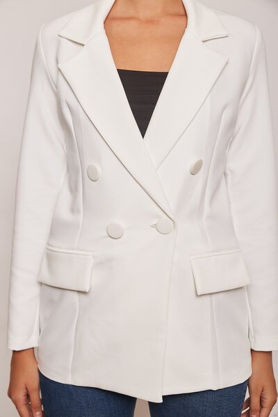 Jument Women's Button Detailed Long Sleeve Stylish Office Ornamental Pocket Flap Fabric Blazer Jacket-Cream