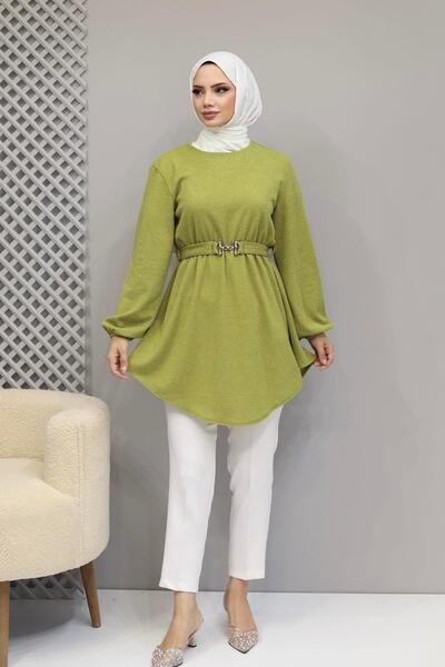 Modaensarbutik Beli Büzgülü Seyyar Kuşaklı Örme Tunik-OLİVE