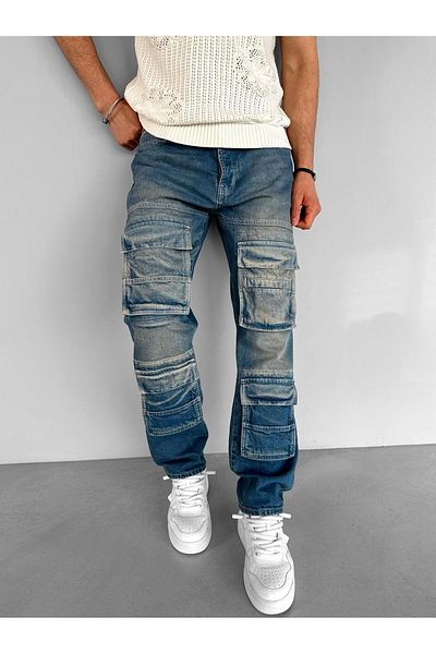 ablukaonline Мъжки широки дънки Cargo Pocket Washed Premium Jeans Blue -Jen.0054