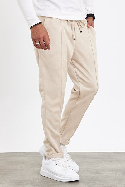 MADZEYMODA New Season Men's Suede Double Leg Grass Detailed Beige Trousers Mz22036