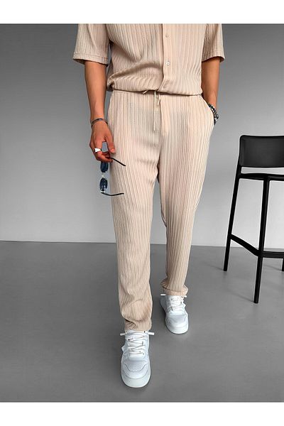 ablukaonline Beige Men's Baggy Fit Patterned Comfortable Trousers