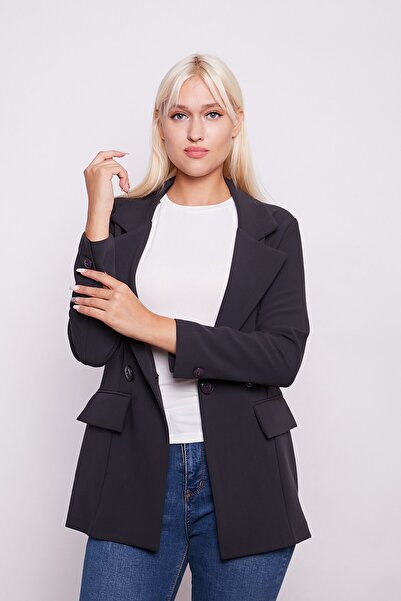 Jument Long Sleeve Blazer with Collar Pocket Flap Sleeves Buttoned Long Sleeve Blazer Long Buttoned Fabric Jacket-Anthracite