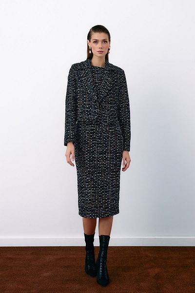 Sateen Buttoned Tweed Short Jacket - Black
