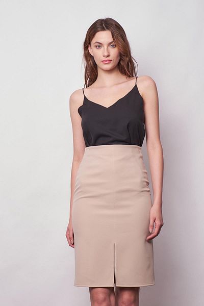 Jument Women's High Waist Front Slit Light Lycra Stylish Fabric Below the Knee Office Pencil Skirt-Stone