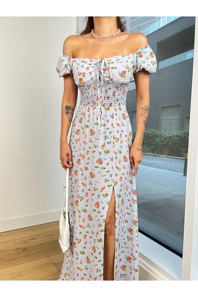 modaçelikler Rochie până la podea Justina Blue Floral - Umăr dezactivat, Talie ghimpată, 24Y793