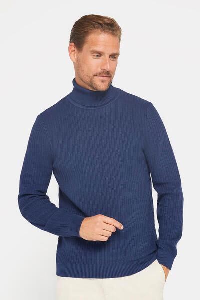 Tudors Erkek Slim Fit Tam Balıkçı Yaka Tüylenme Yapmayan Lacivert Triko Kazak