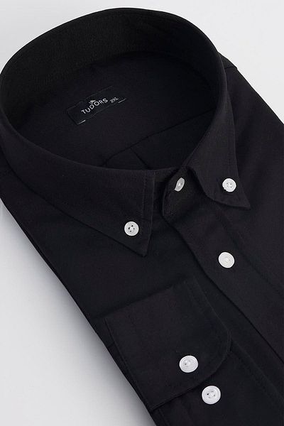 Tudors Ανδρικό πουκάμισο με κέντημα Oxford Texture Pocket με μαύρο πέτο με κουμπιά μεγάλου μεγέθους
