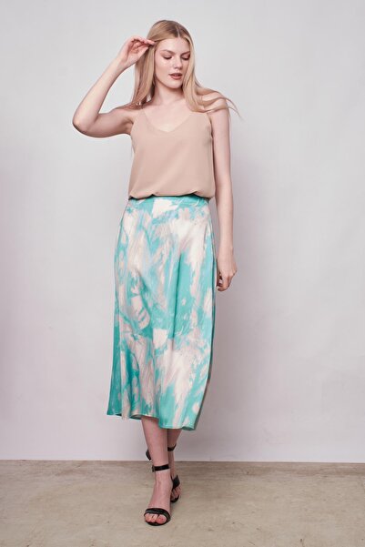 Jument Women's Patterned Lycra-Free Satin Fabric High Waist Long Bell Skirt-Green Pattern