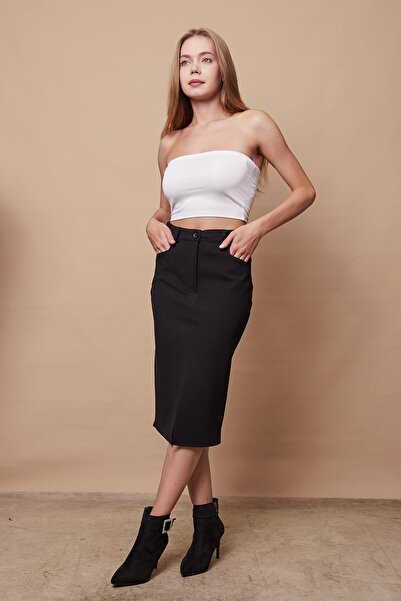 Jument Fusta creion pentru femei cu talie înaltă și buzunare din Lycra Stamp - neagră