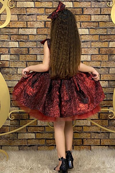 Riccotarz Girl's Mix Color Tulle Detailed Burgundy Evening Dress with Waist Tie