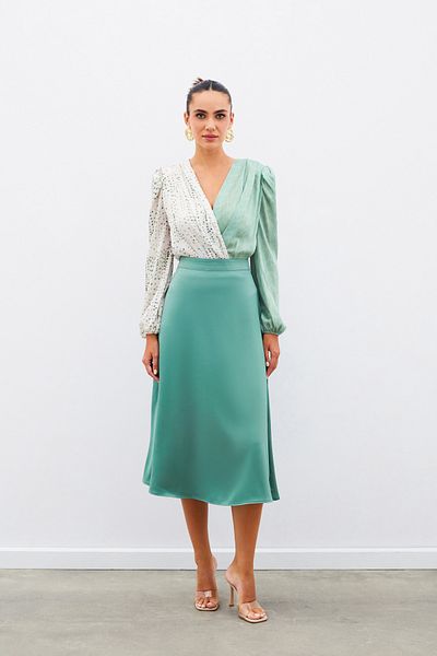 Sateen Midi Length Satin Skirt - Khaki