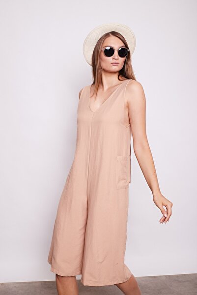 Jument Shoulder Lace Pocket Wide Leg Jumpsuit - Light Camel