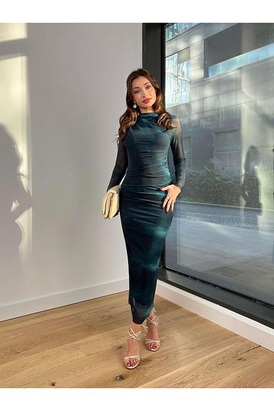 modaçelikler Rochie midi Colin, verde petrol, cu mâneci lungi din tul 24k369