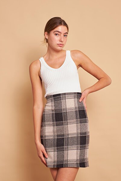 Jument Winter Lycra Wool Fabric High Waist Above Knee Pencil Skirt-Beige Pattern