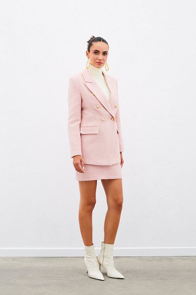 Sateen Button Detailed Tweed Jacket - Pudra