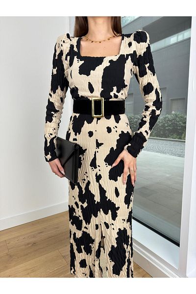 modaçelikler Square Collar Shoulder Padded Waist Belt Looking Women's Patterned Color Dress 24Y138