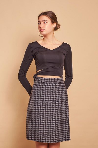 Jument Women's Tweed Fabric High Waist A-Line Skirt-Anthracite Houndstooth