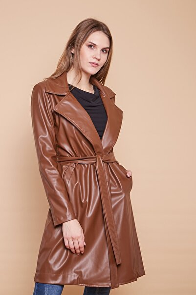 Jument Belted Ecological Faux Leather Long Below Knee Sports Jacket Trench Coat-Tan
