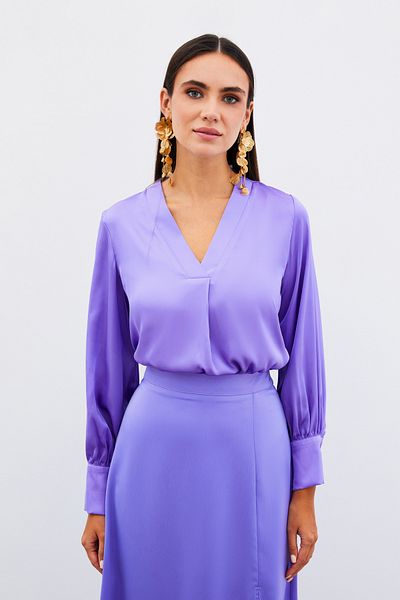 Sateen V-Neck Satin Blouse - Lila