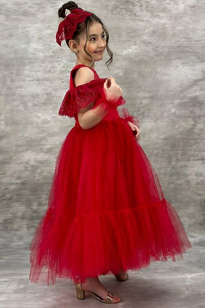 Riccotarz Girl's Red Evening Dress with Transparent Collar, Off-the-Shoulder, and Guipure Embroidered Sleeves