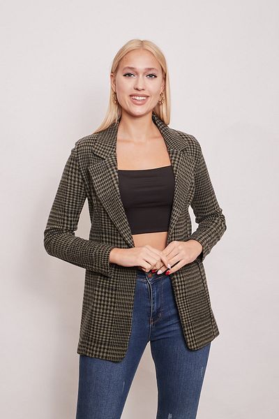 Jument Blazer de iarnă din țesătură de lână cu un singur buton, cu model în carouri, cu mânecă lungă, kaki
