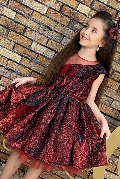 Riccotarz Girl's Mix Color Tulle Detailed Burgundy Evening Dress with Waist Tie