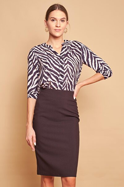 Jument Fusta creion de birou din țesătură ușoară din lycra, cu talie înaltă, sub genunchi - negru