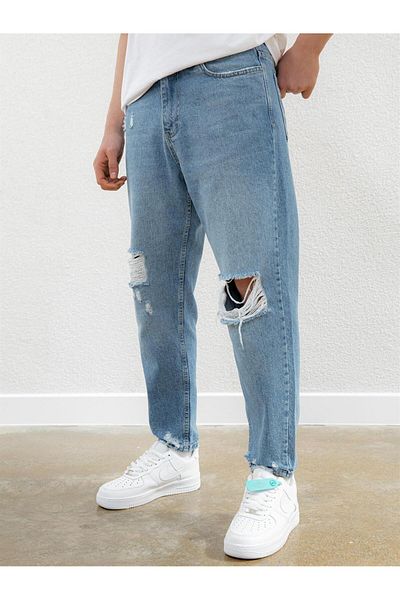 ablukaonline Ανδρικό τζιν παντελόνι γαλάζιο - Boyfriend Frayed Fit